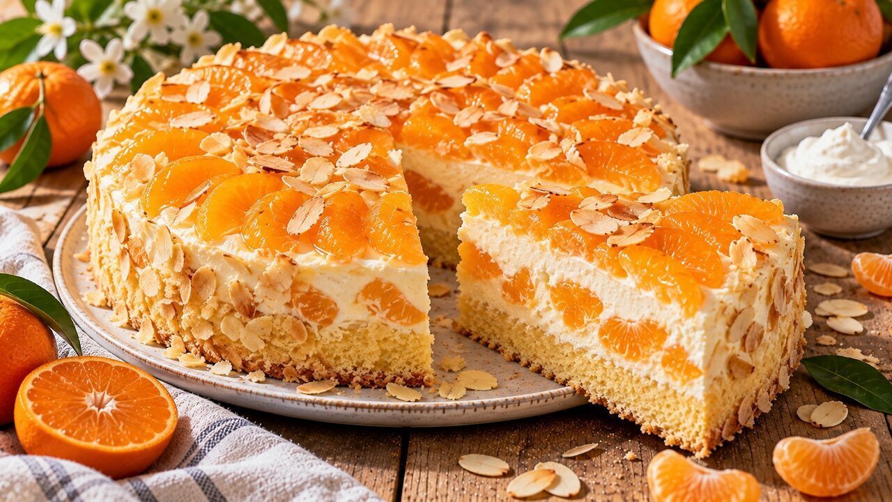 Mandarinen-Schmand-Kuchen mit cremiger heller Füllung, sichtbaren Mandarinen und glänzendem Tortenguss