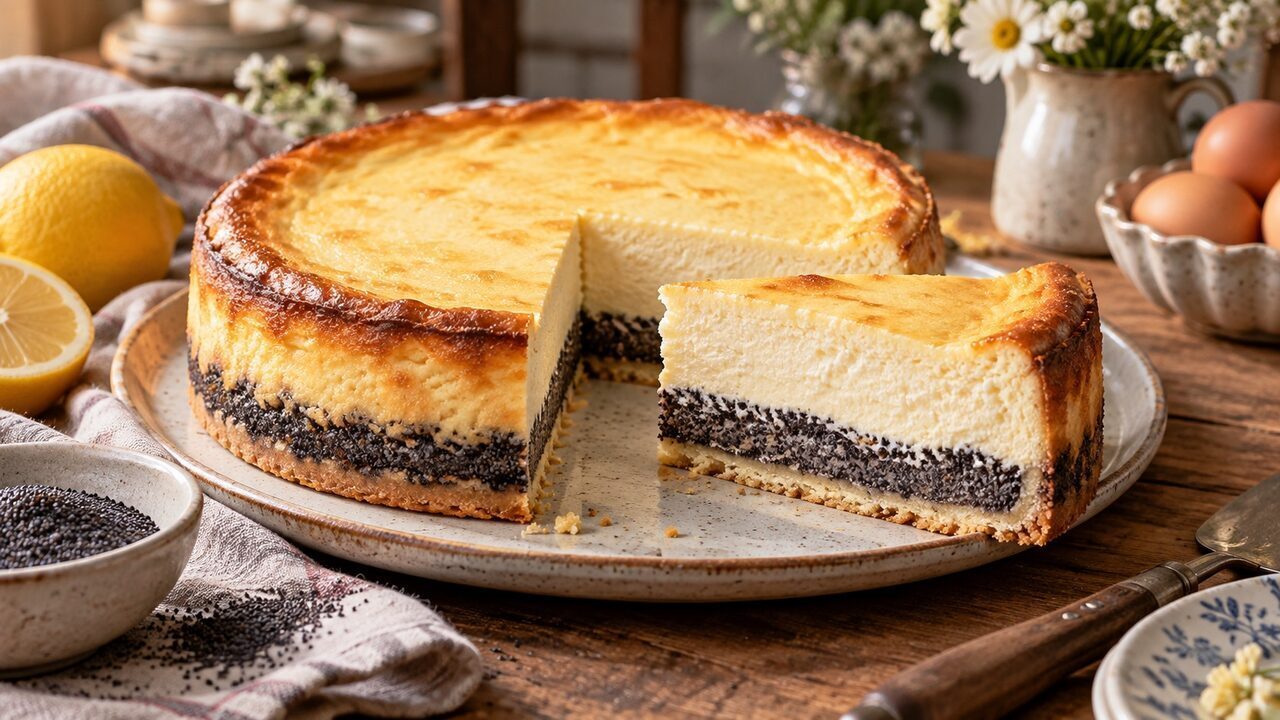 Mohn-Käsekuchen mit dunkler Mohnschicht, heller cremiger Quarkfüllung und dünnem Mürbeteigboden