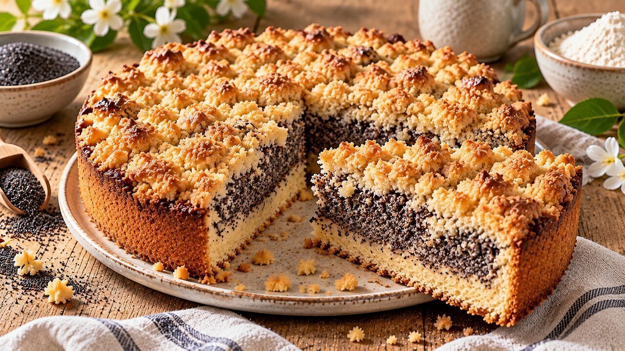 Mohnkuchen mit dunkler saftiger Mohnfüllung, hellem Mürbeteig und groben goldenen Zitronenstreuseln