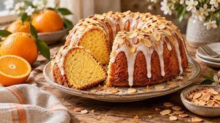 Goldener Orangen-Mandel-Gugelhupf mit weißem Orangenguss und gerösteten Mandelblättchen