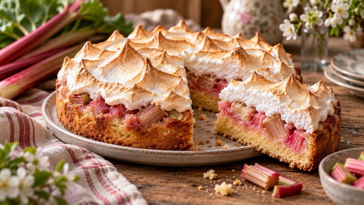Rhabarber-Baiser-Kuchen mit saftigen rosa Rhabarberstücken und hellgoldener welliger Baiserhaube
