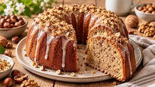Saftiger Haselnusskuchen aus der Kastenform mit dunkler Schokoladenglasur und gerösteten Nüssen