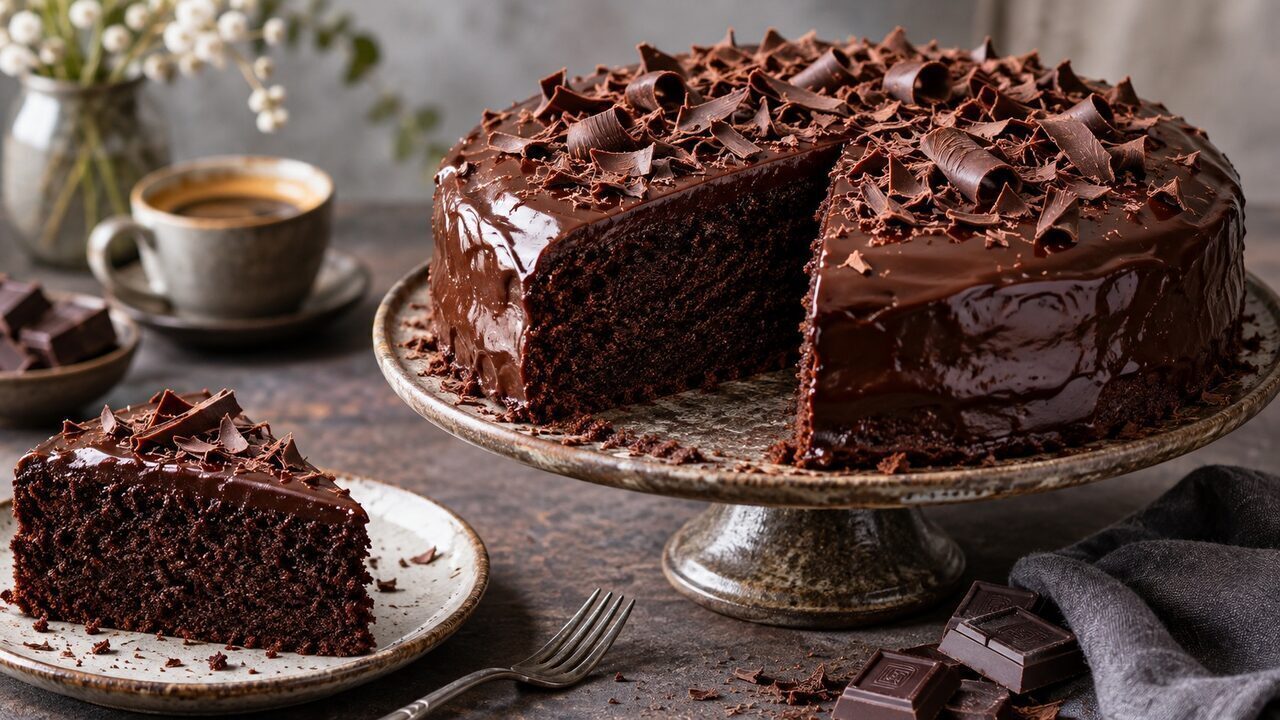 Saftiger dunkler Schokokuchen mit glänzender Ganache und feinen Schokoladenraspeln