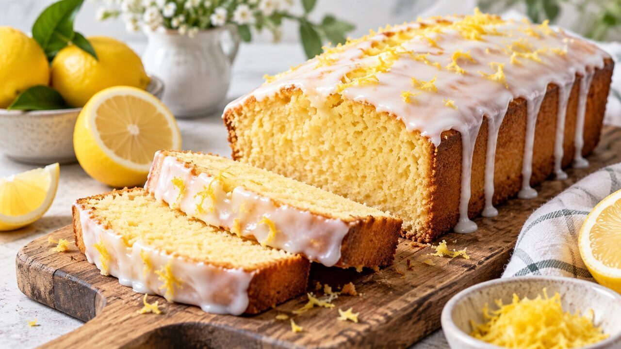 Saftiger Zitronenkuchen aus der Kastenform mit weißem Zitronenguss und fein abgeriebener Zitronenschale