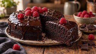Veganer dunkler Schokokuchen mit glänzender Schokoladenglasur und frischen Himbeeren