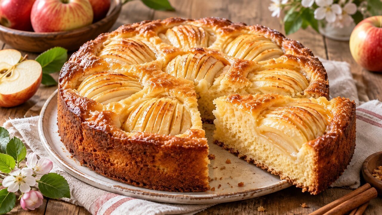 Versunkener Apfelkuchen mit fächerartig eingeschnittenen Apfelvierteln und glänzender Aprikosenglasur