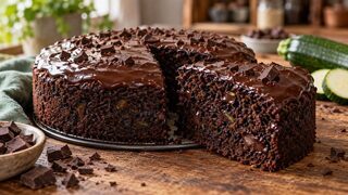 Dunkler saftiger Zucchini-Schokokuchen mit Schokoladenstücken und dünner Kakaoglasur