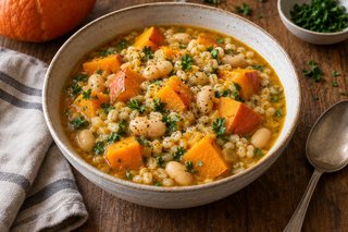 Dados naranjas de calabaza con cebada perlada, alubias blancas y perejil