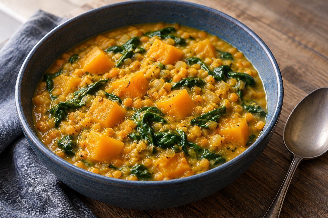 Goldgelbes Linsen-Dal mit Hokkaidowürfeln und grünen Spinatblättern in einer Schale