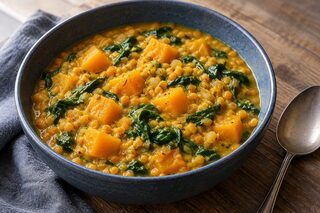 Goldgelbes Linsen-Dal mit Hokkaidowürfeln und grünen Spinatblättern in einer Schale
