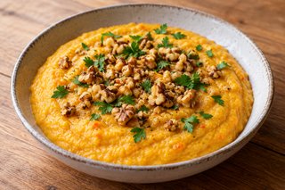 Orangefarbene cremige Kürbis-Polenta mit gerösteten Walnussstücken und Petersilie in einem tiefen Teller