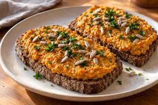 Roggenbrotscheiben mit dickem orangefarbenem Kürbis-Sonnenblumenkern-Aufstrich, Sonnenblumenkernen und Petersilie
