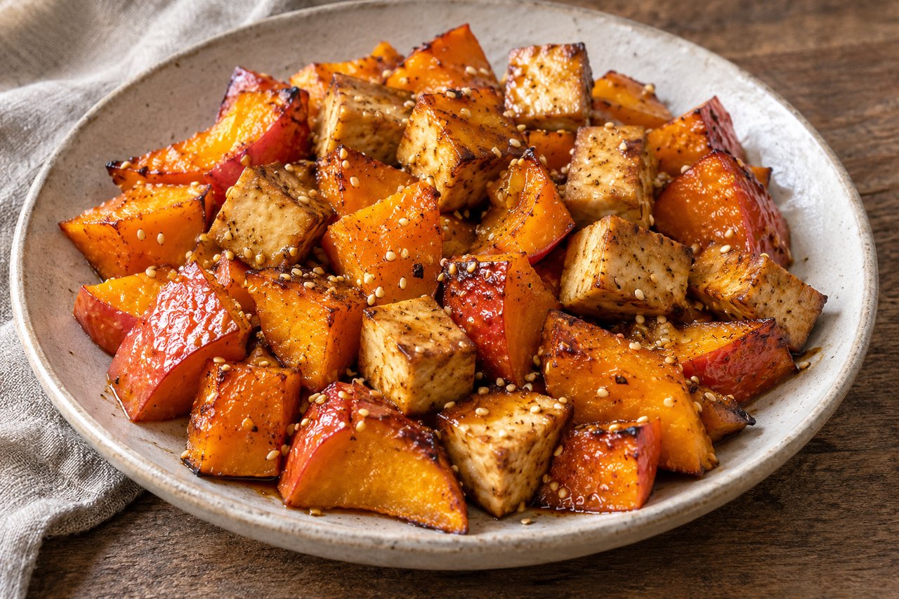 Roasted orange skin-on Hokkaido cubes and golden tofu cubes scattered with pale sesame seeds