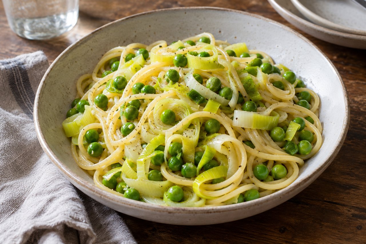 Spaghetti aux lanières claires de poireau et petits pois dans une sauce brillante sans garniture