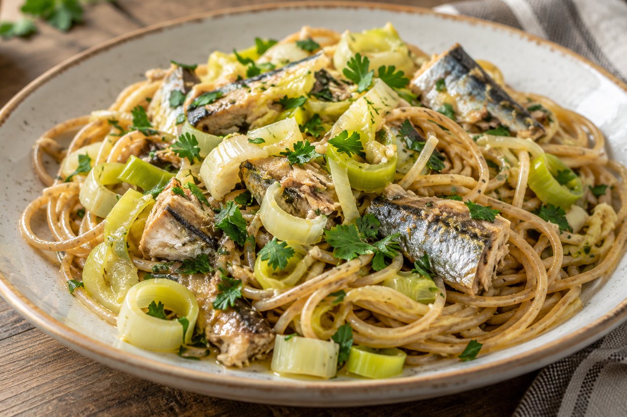 Vollkorn-Spaghetti mit gegarten Lauchringen, Sardinenstücken und gehackter Petersilie auf einem Teller