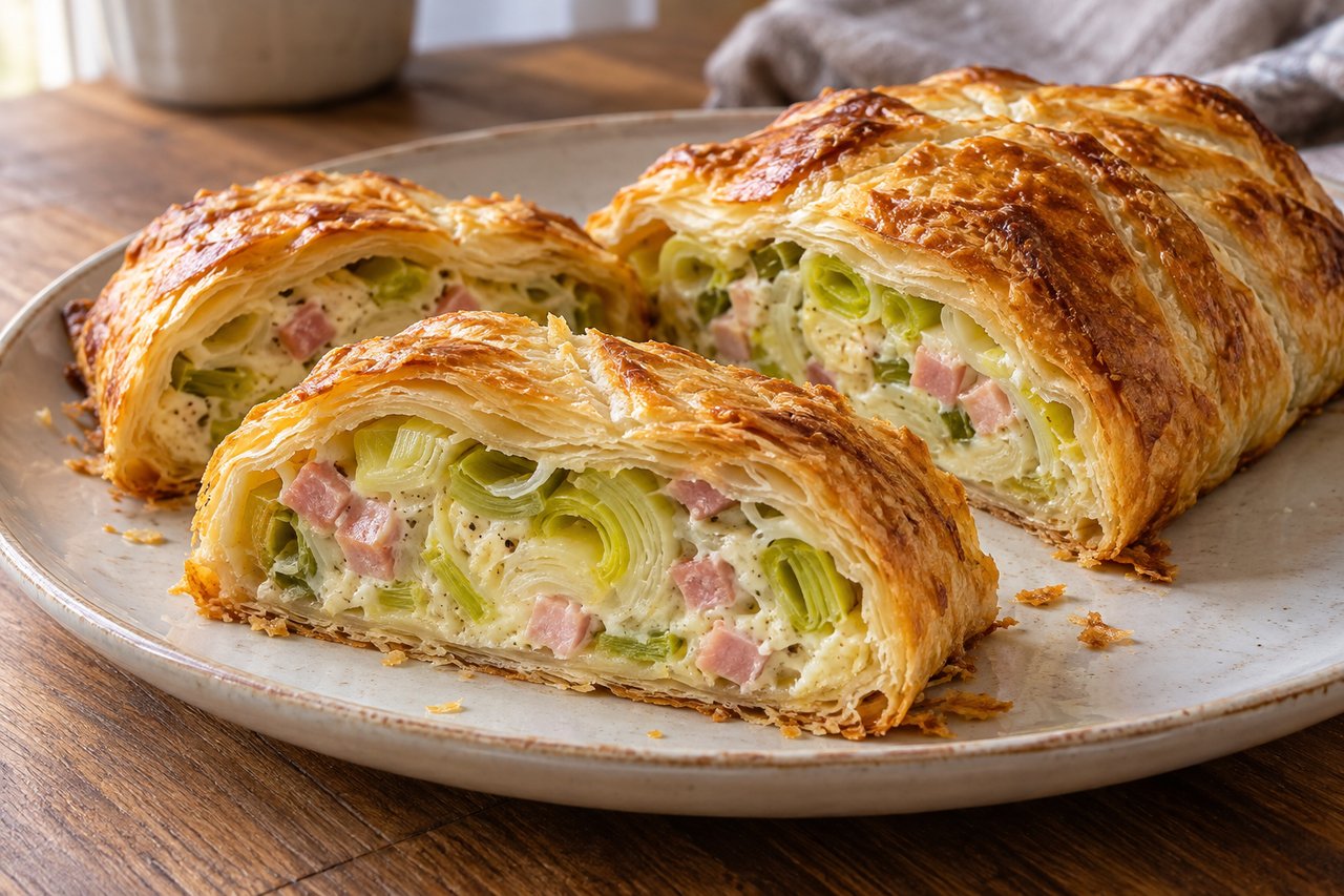 Goldbrauner Blätterteigstrudel in Scheiben mit sichtbaren Lauchringen, Schinkenwürfeln und fester heller Füllung
