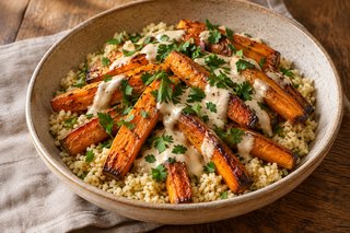 Geröstete Möhrenstifte auf Couscous mit heller Tahinisauce und gehackter Petersilie