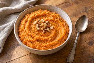 Orange carrot and walnut spread with fine nut flecks in a bowl and chopped walnuts in the centre