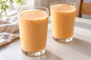 Due bicchieri di bevanda cremosa arancio chiaro allo yogurt senza guarnizione