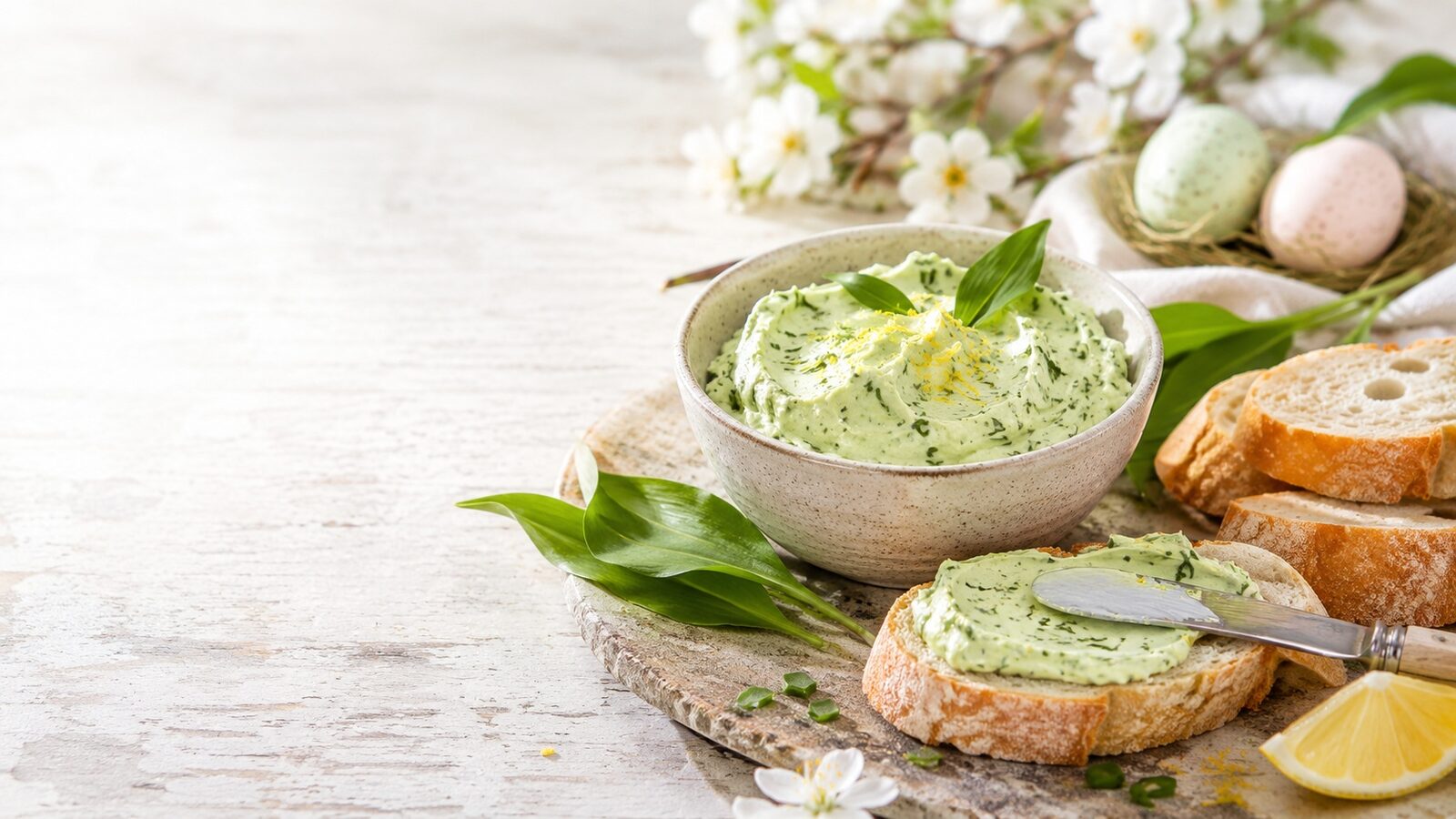 Bärlauch-Frischkäse-Aufstrich als liebevoll angerichtetes Osternrezept für Brunch, Feiertage und Familienessen