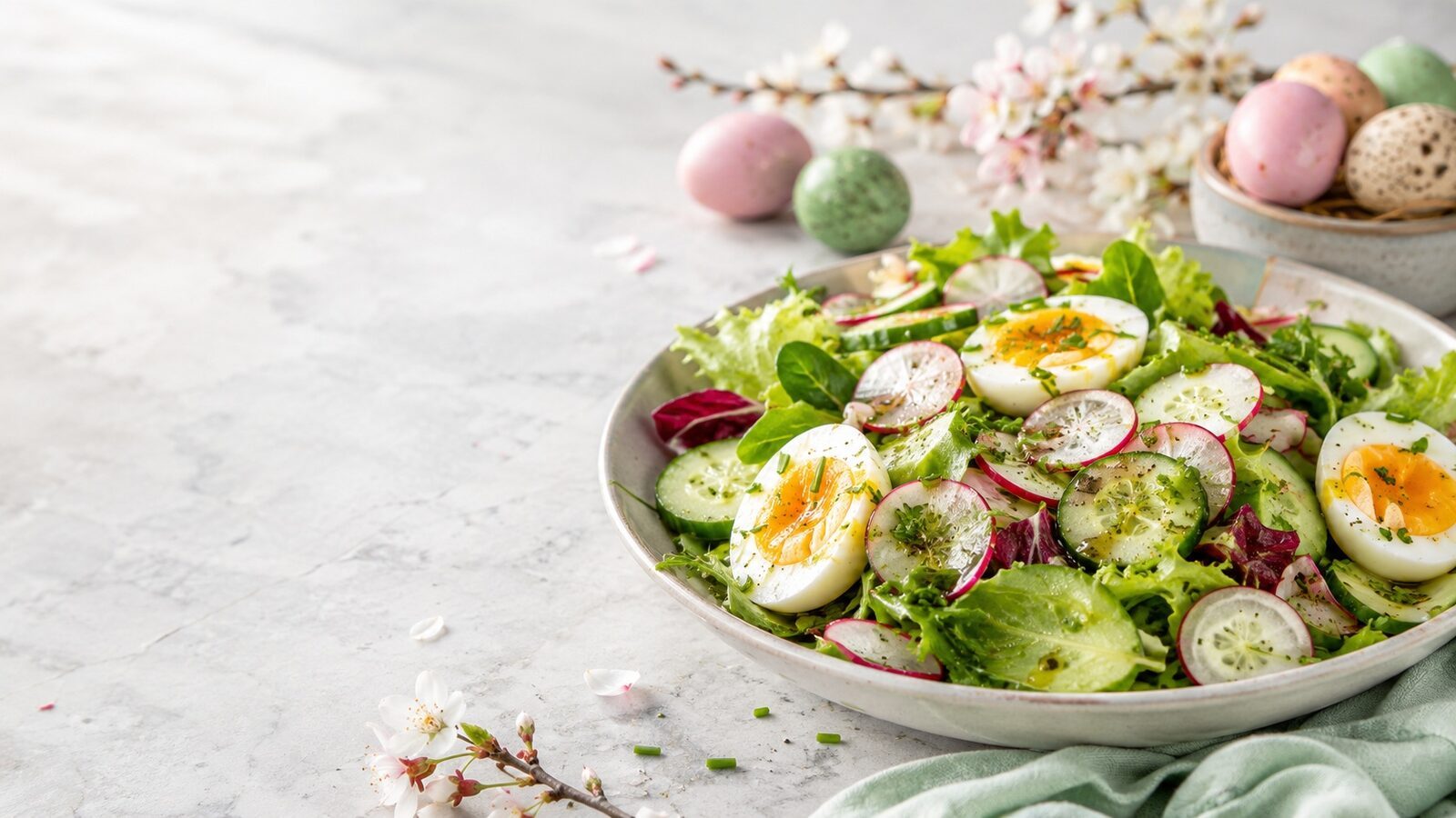 Frühlingssalat mit Radieschen und Ei als liebevoll angerichtetes Osternrezept für Brunch, Feiertage und Familienessen