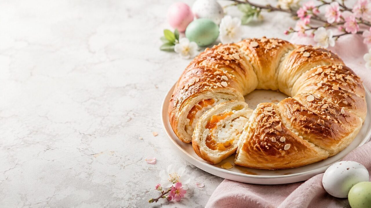 Gefüllter Hefekranz als liebevoll angerichtetes Osternrezept für Brunch, Feiertage und Familienessen