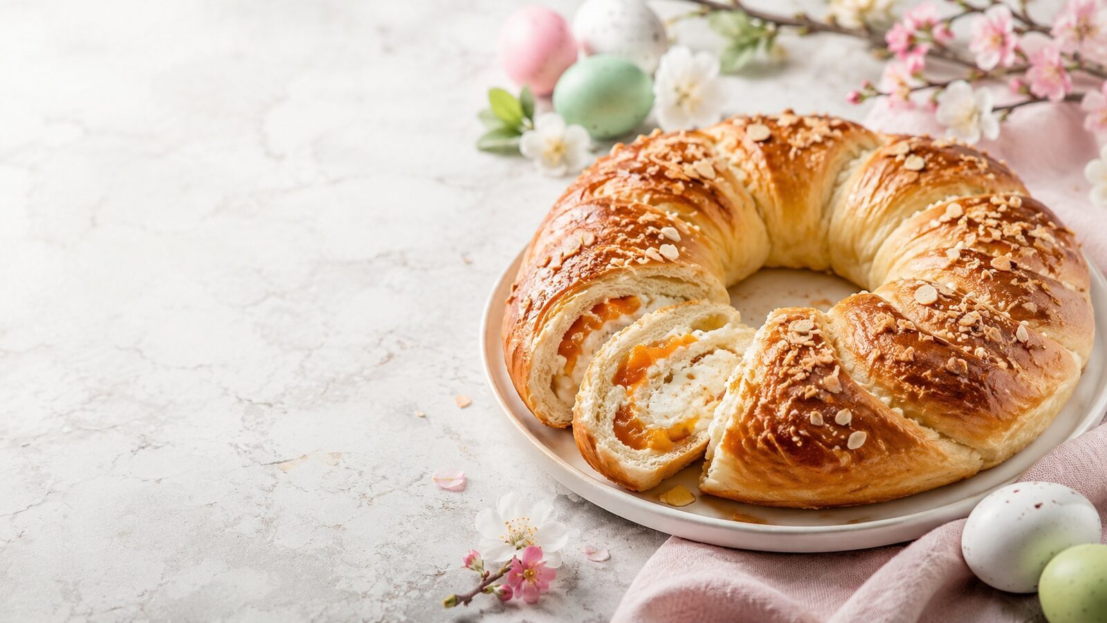 Gefüllter Hefekranz als liebevoll angerichtetes Osternrezept für Brunch, Feiertage und Familienessen