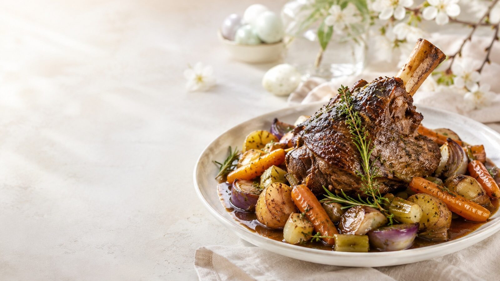 Geschmorte Lammhaxe mit Gemüse als liebevoll angerichtetes Osternrezept für Brunch, Feiertage und Familienessen