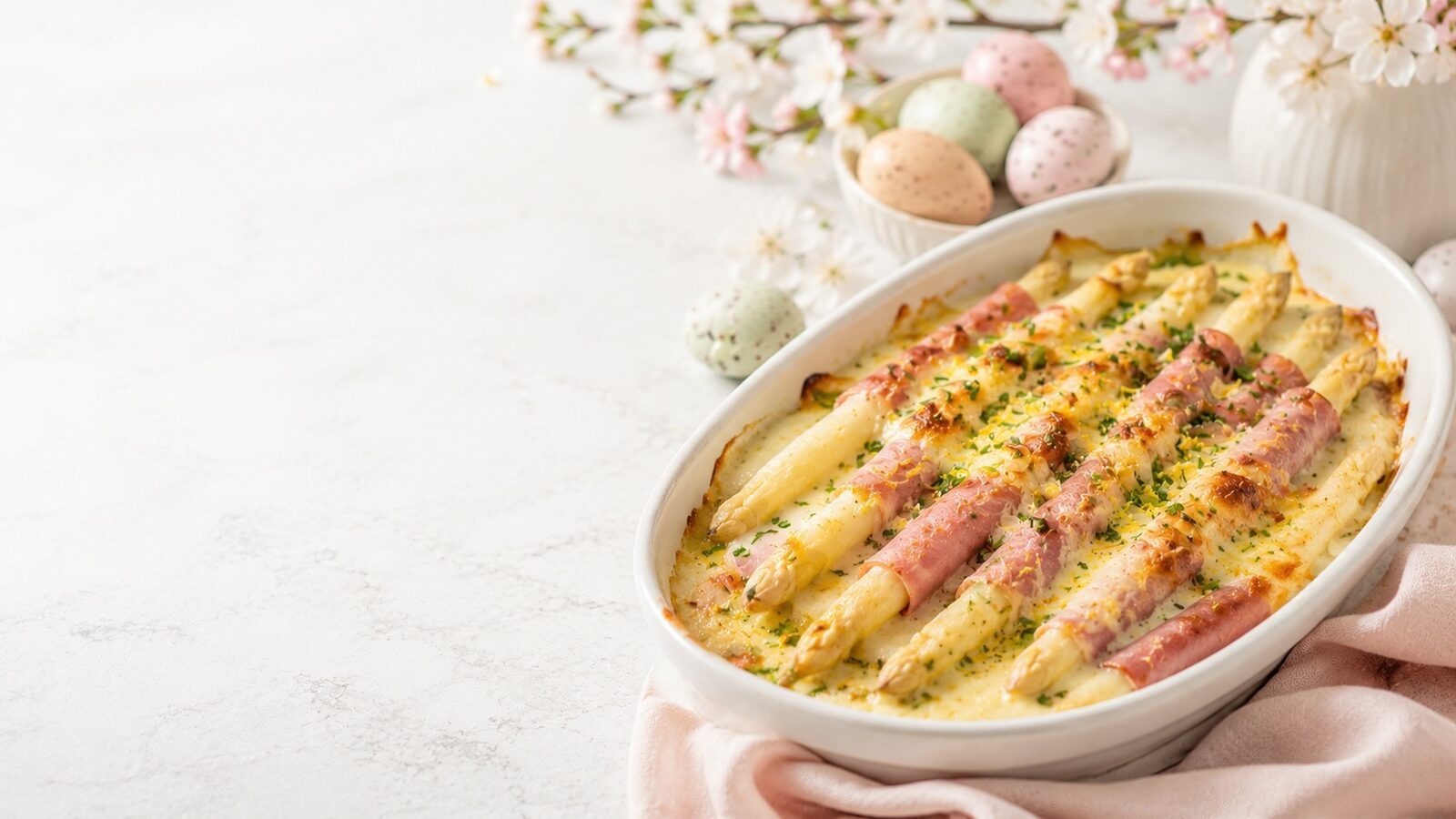 Gratinierter Spargel mit Schinken als liebevoll angerichtetes Osternrezept für Brunch, Feiertage und Familienessen