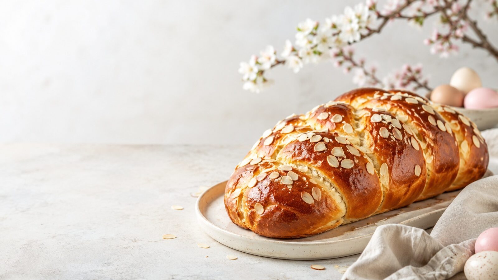 Hefezopf mit Mandeln als liebevoll angerichtetes Osternrezept für Brunch, Feiertage und Familienessen
