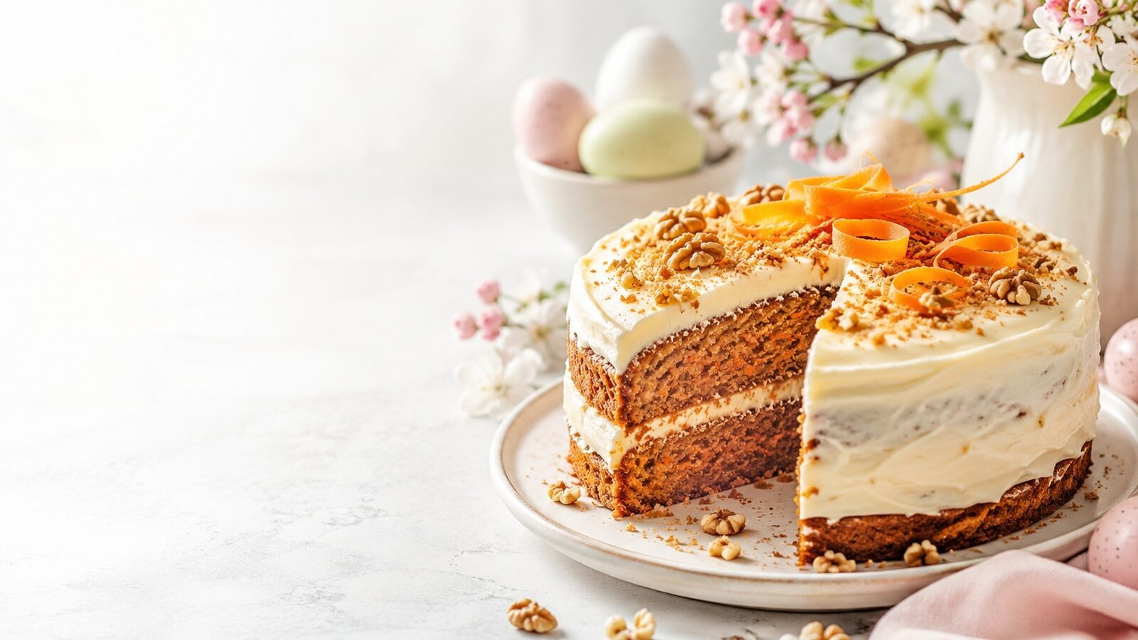 Karottenkuchen mit Frischkäse-Frosting als liebevoll angerichtetes Osternrezept für Brunch, Feiertage und Familienessen