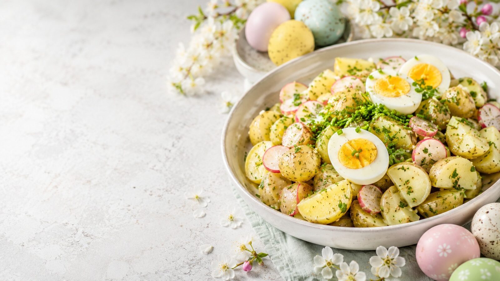 Kartoffelsalat mit Ei und Kräutern als liebevoll angerichtetes Osternrezept für Brunch, Feiertage und Familienessen