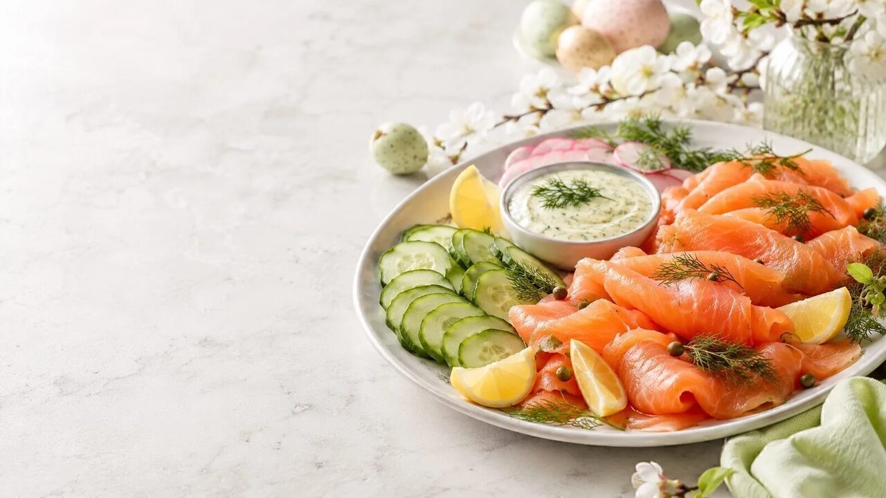 Lachsplatte mit Dill-Senf-Sauce als liebevoll angerichtetes Osternrezept für Brunch, Feiertage und Familienessen