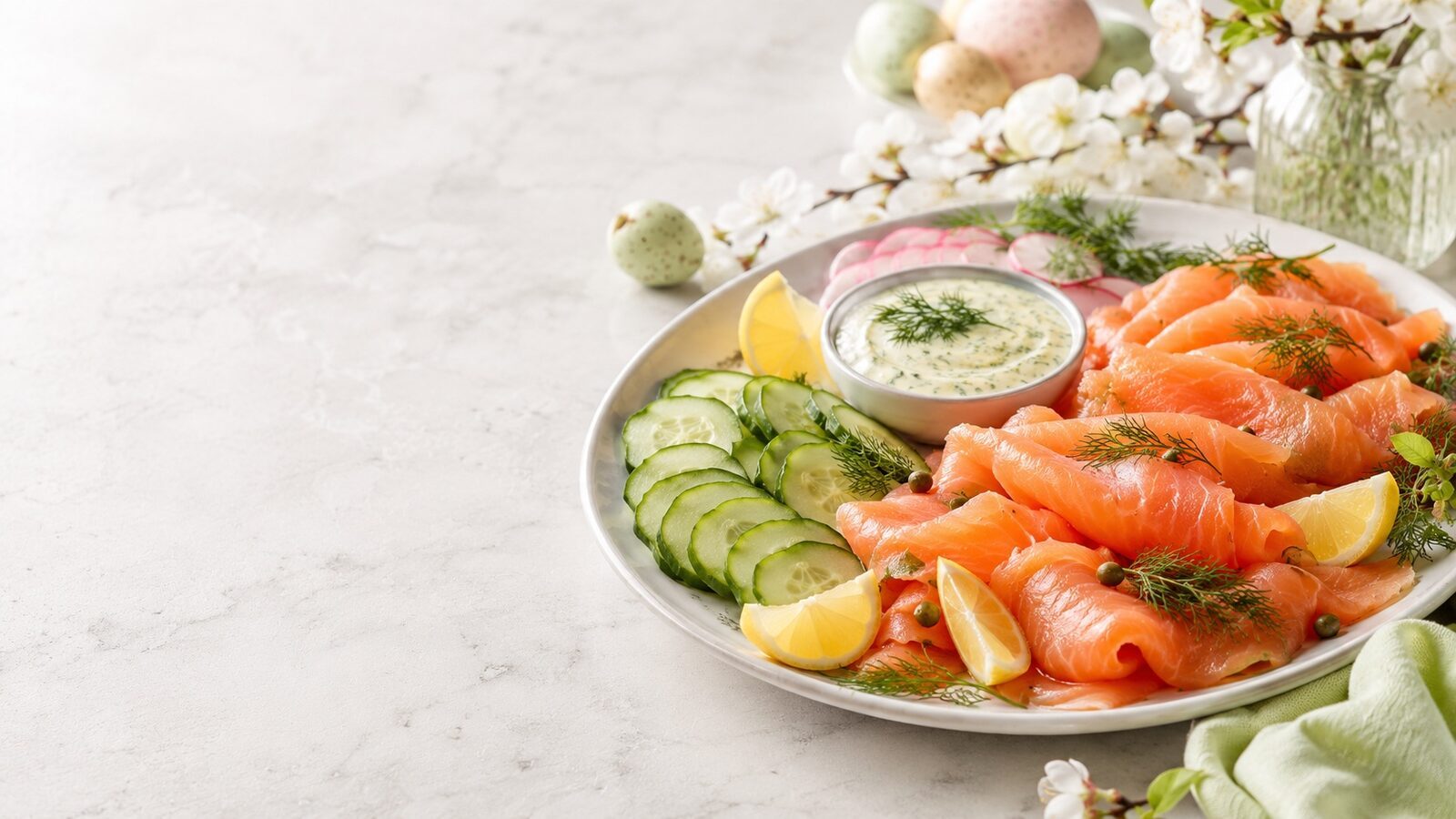 Lachsplatte mit Dill-Senf-Sauce als liebevoll angerichtetes Osternrezept für Brunch, Feiertage und Familienessen