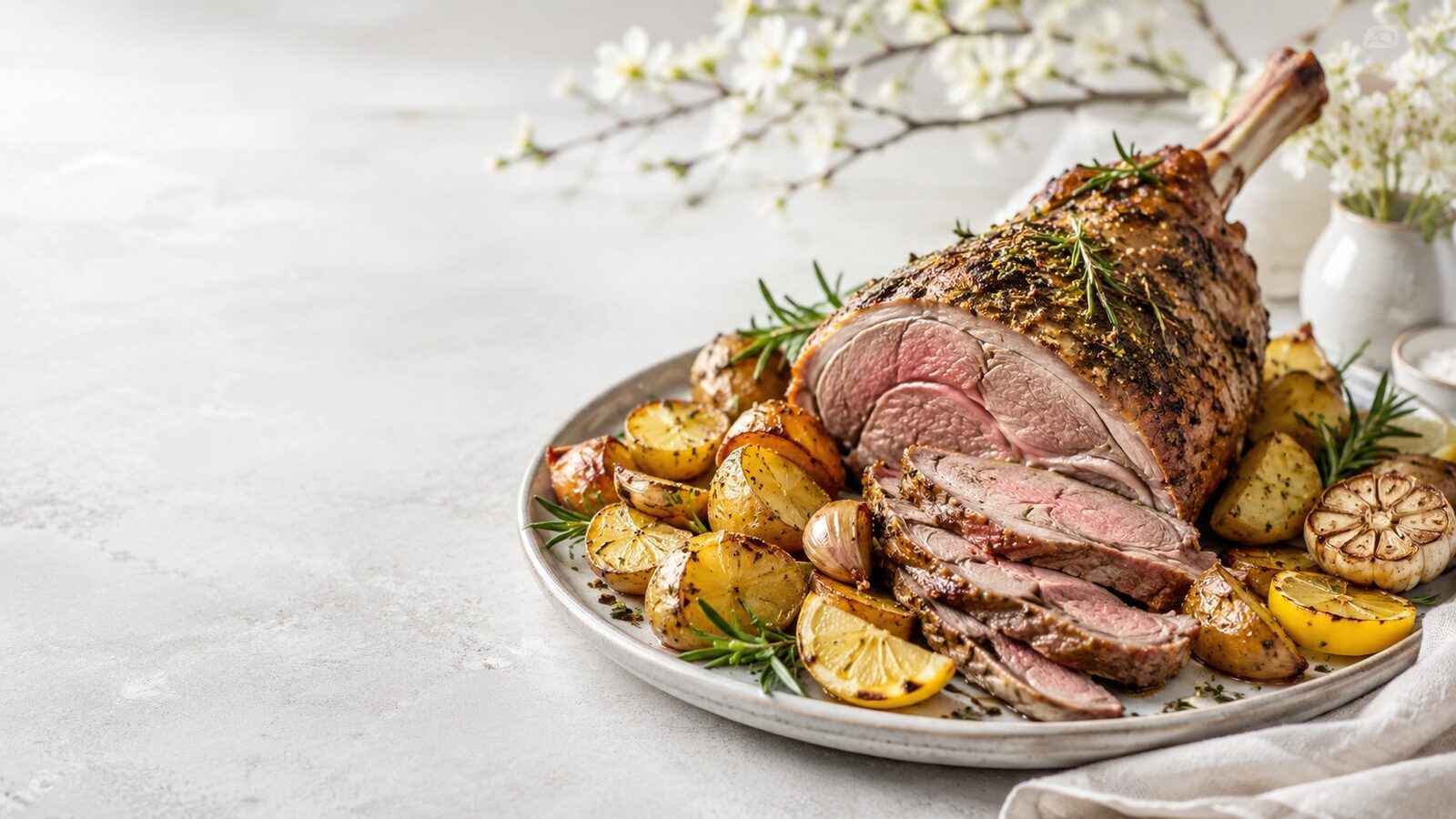 Lammkeule mit Rosmarinkartoffeln als liebevoll angerichtetes Osternrezept für Brunch, Feiertage und Familienessen