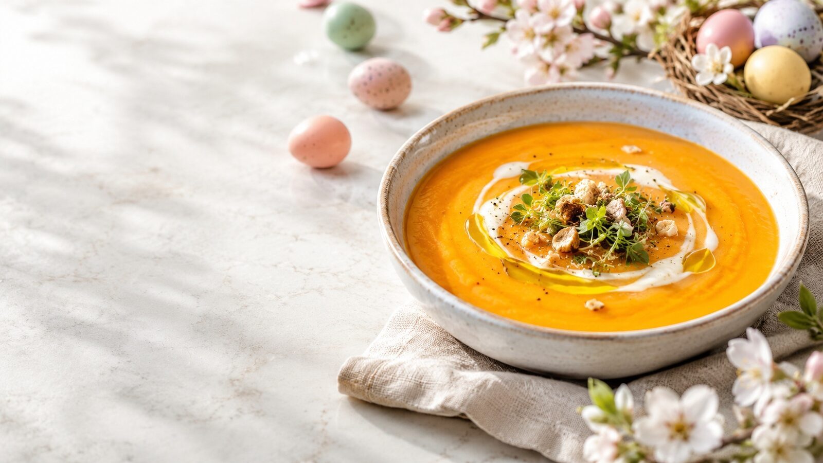 Möhren-Ingwer-Suppe als liebevoll angerichtetes Osternrezept für Brunch, Feiertage und Familienessen