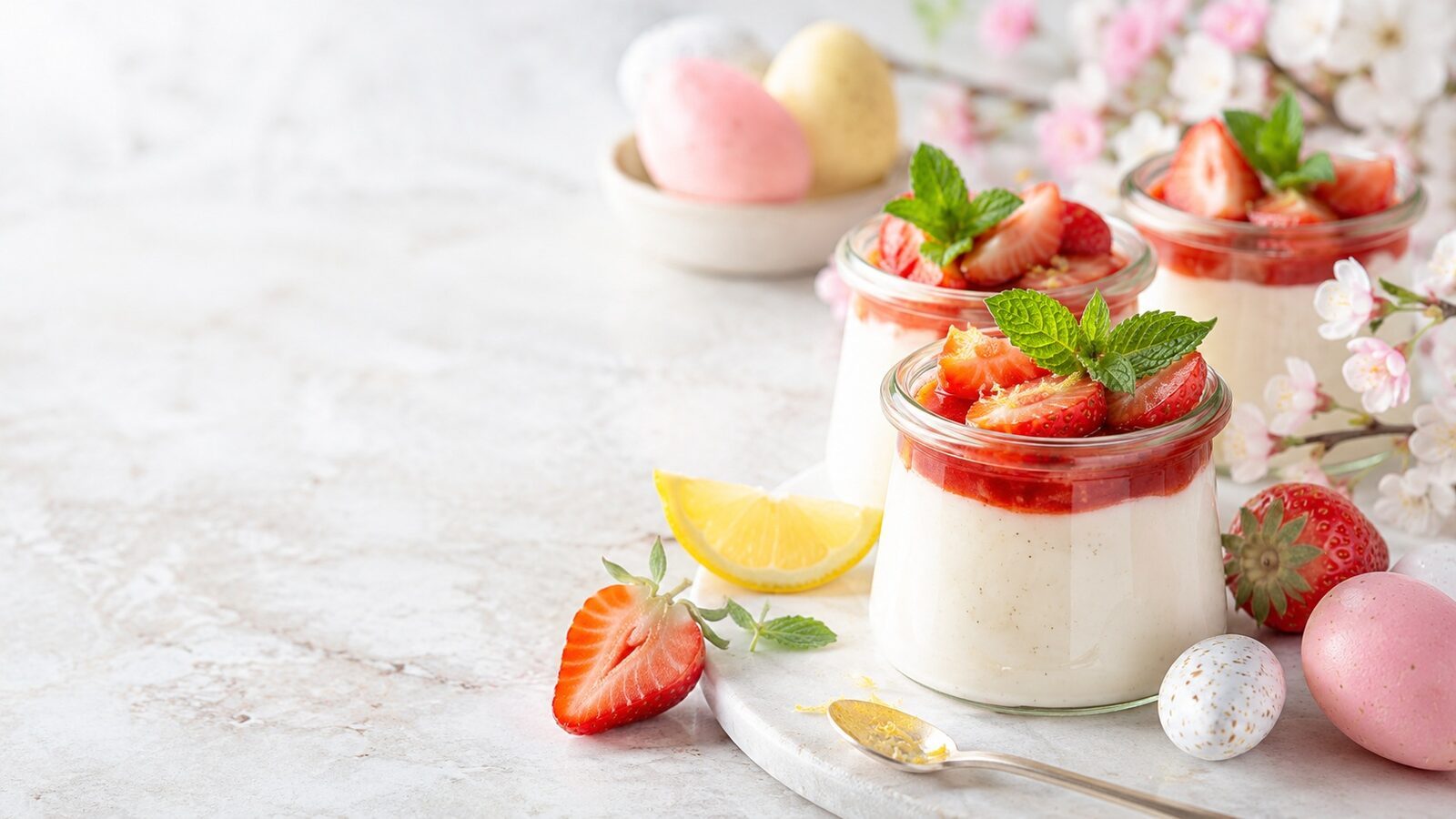 Oster-Panna-Cotta mit Erdbeeren als liebevoll angerichtetes Osternrezept für Brunch, Feiertage und Familienessen