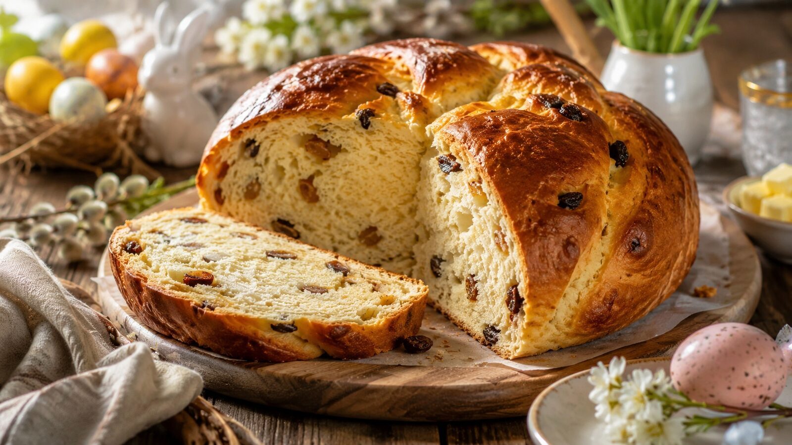 Osterbrot mit Rosinen als liebevoll angerichtetes Osternrezept für Brunch, Feiertage und Familienessen