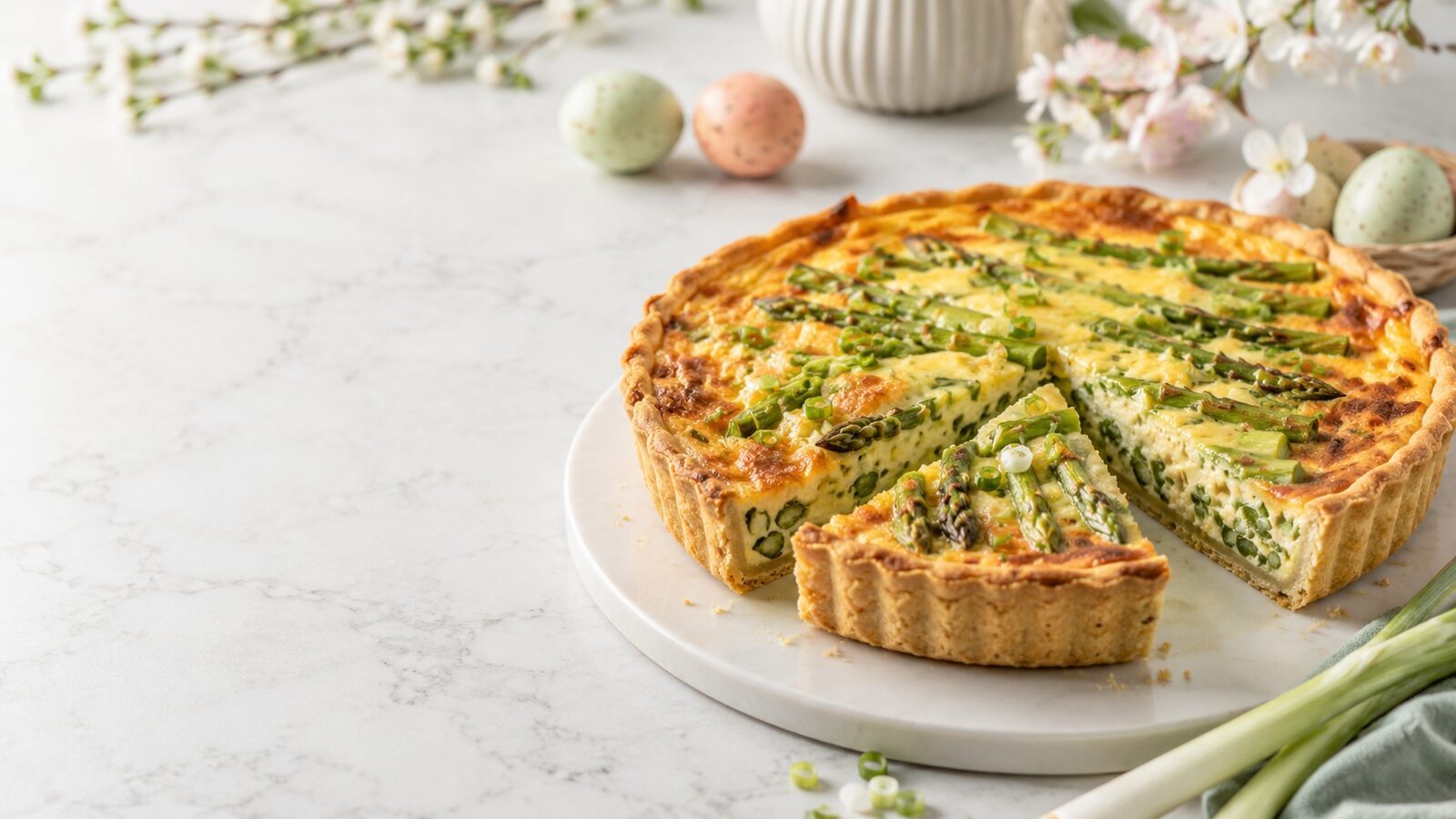 Osterbrunch-Quiche mit Spargel als liebevoll angerichtetes Osternrezept für Brunch, Feiertage und Familienessen