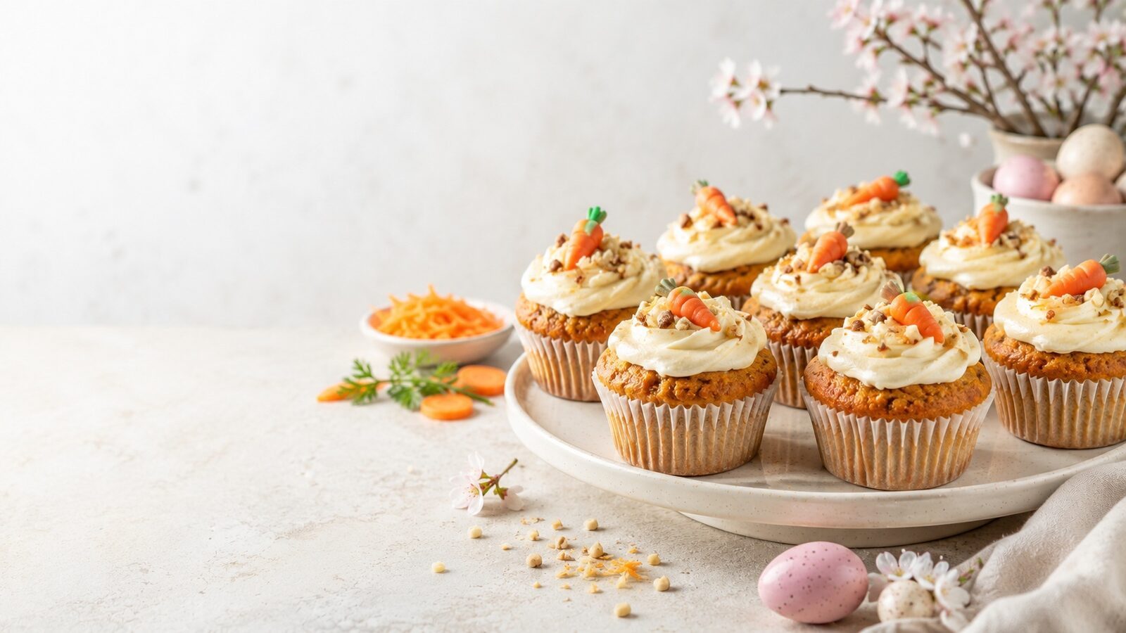Rüblikuchen-Muffins als liebevoll angerichtetes Osternrezept für Brunch, Feiertage und Familienessen