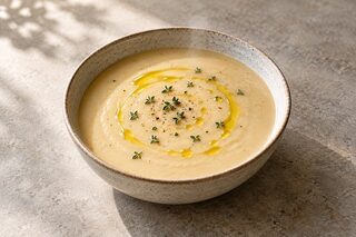 Cremige helle Pastinaken-Bohnen-Suppe mit wenigen Thymianblättchen und einem Olivenöl-Tropfen