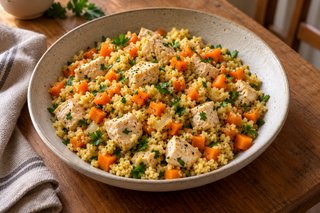 Pavo claro bien cocido con zanahorias naranjas, mijo dorado y perejil