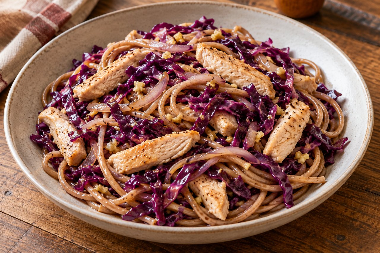 Wholegrain spaghetti with purple red cabbage ribbons and pale browned turkey strips in a thin soy sauce