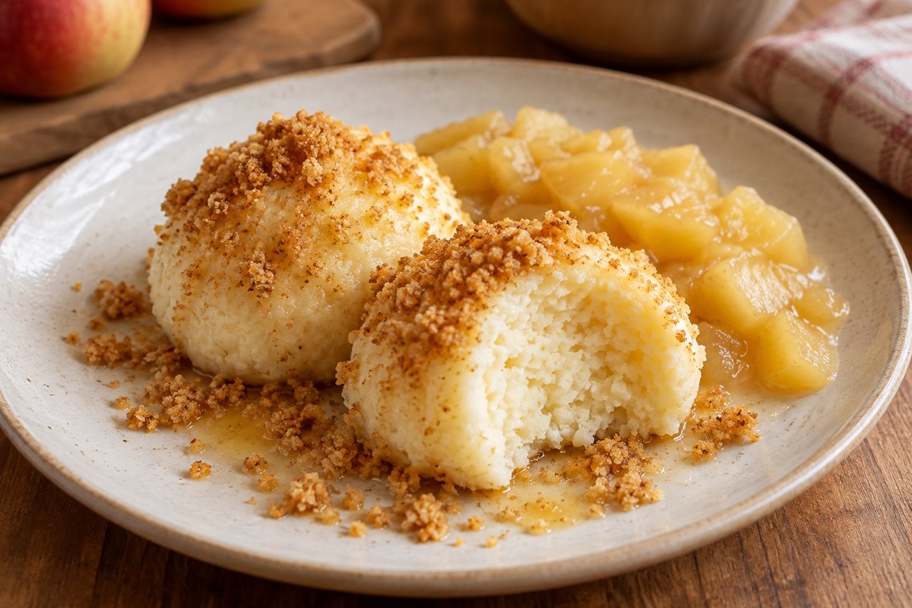 Helle Quark-Grießknödel mit goldbraunen Butterbröseln und weichen geschälten Apfelwürfeln als Kompott