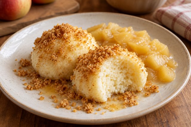 Helle Quark-Grießknödel mit goldbraunen Butterbröseln und weichen geschälten Apfelwürfeln als Kompott