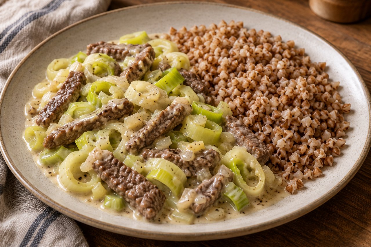 Cooked beef strips and pale leek rings in creamy sauce beside loose cooked buckwheat