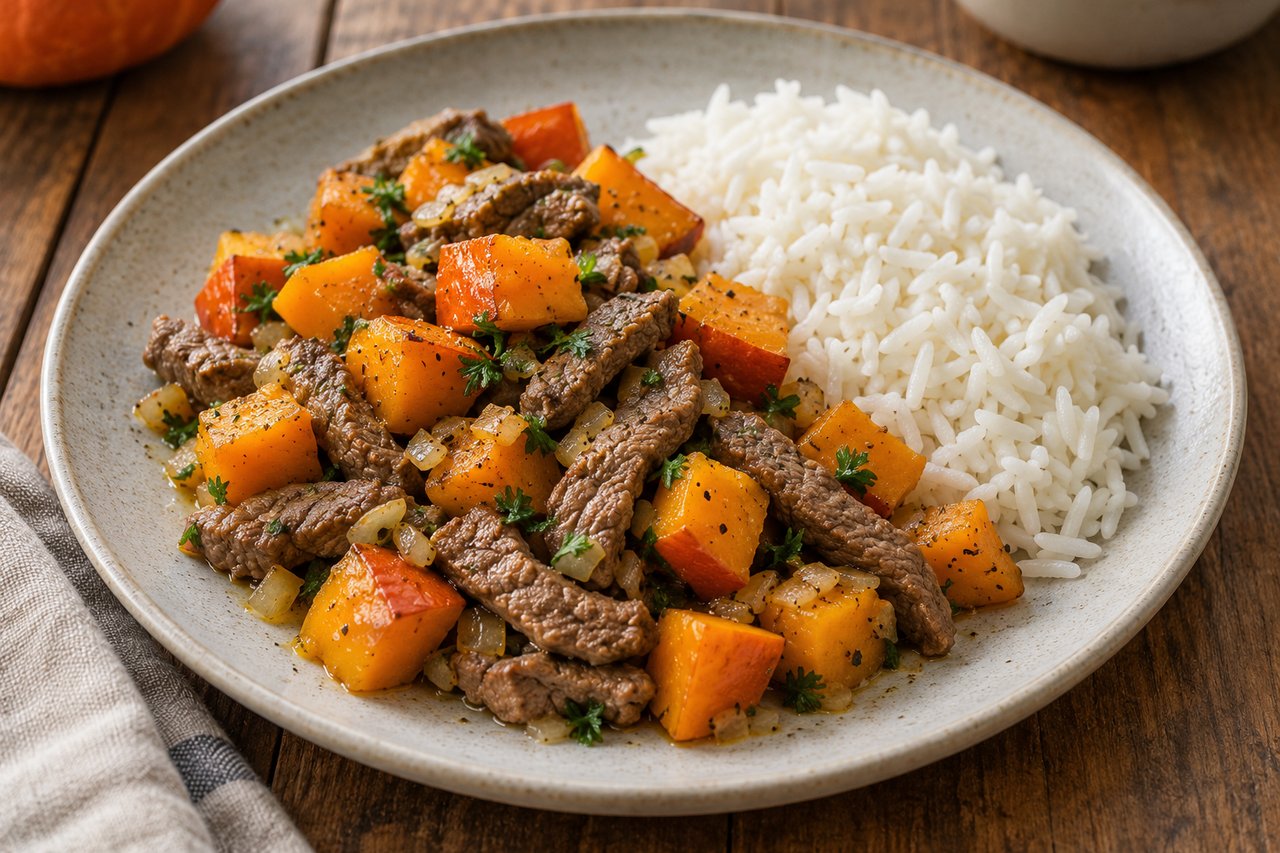 Lanières de bœuf entièrement cuites avec potimarron orange et persil, à côté du riz blanc