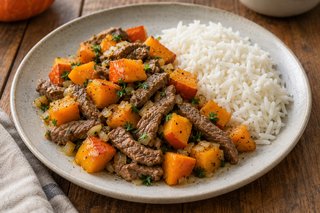 Tiras de ternera bien cocidas con calabaza naranja y perejil junto a arroz blanco