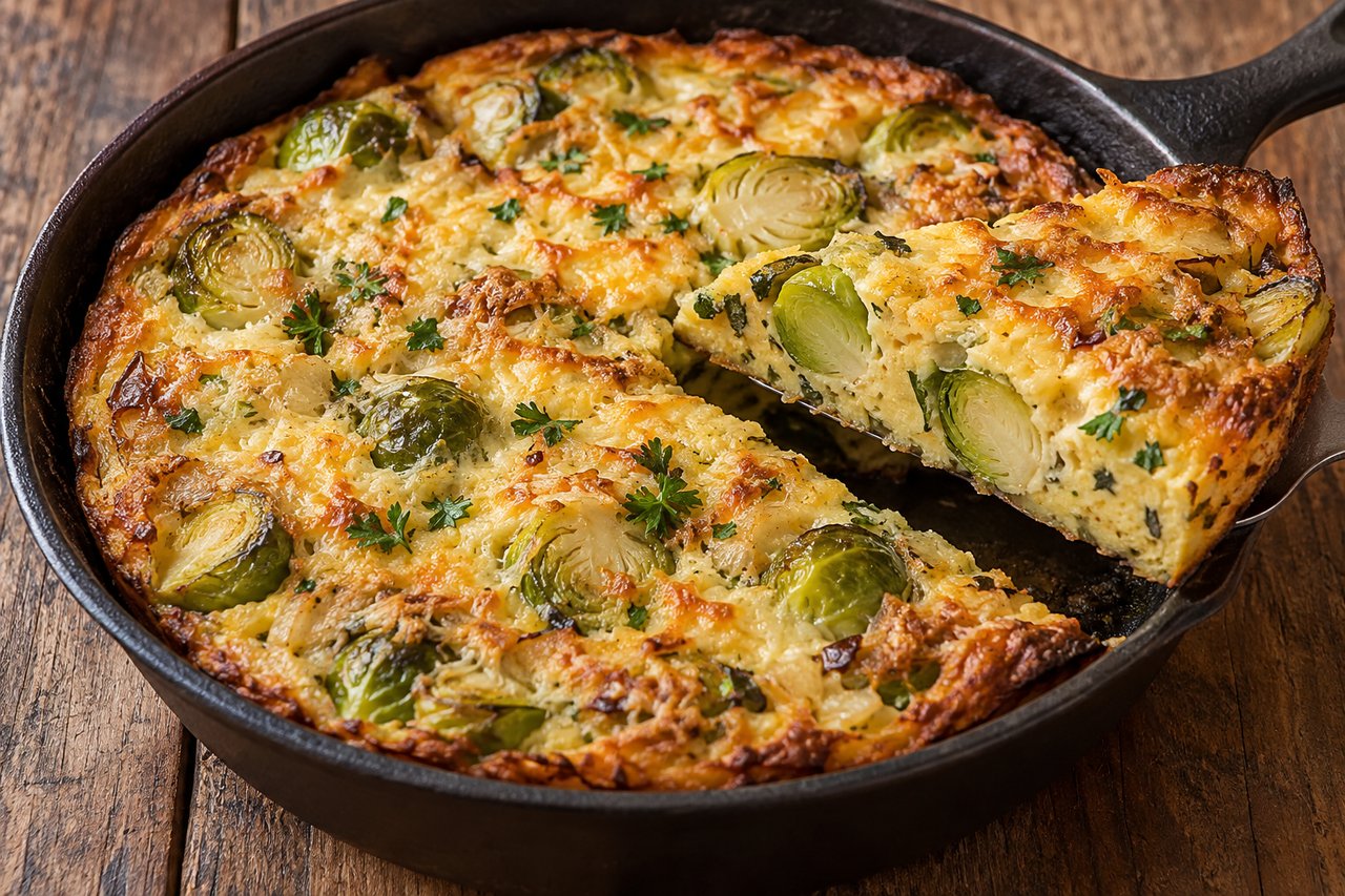 Goldene Frittata mit halbiertem Rosenkohl, Bergkäse und Petersilie in einer ofenfesten Pfanne