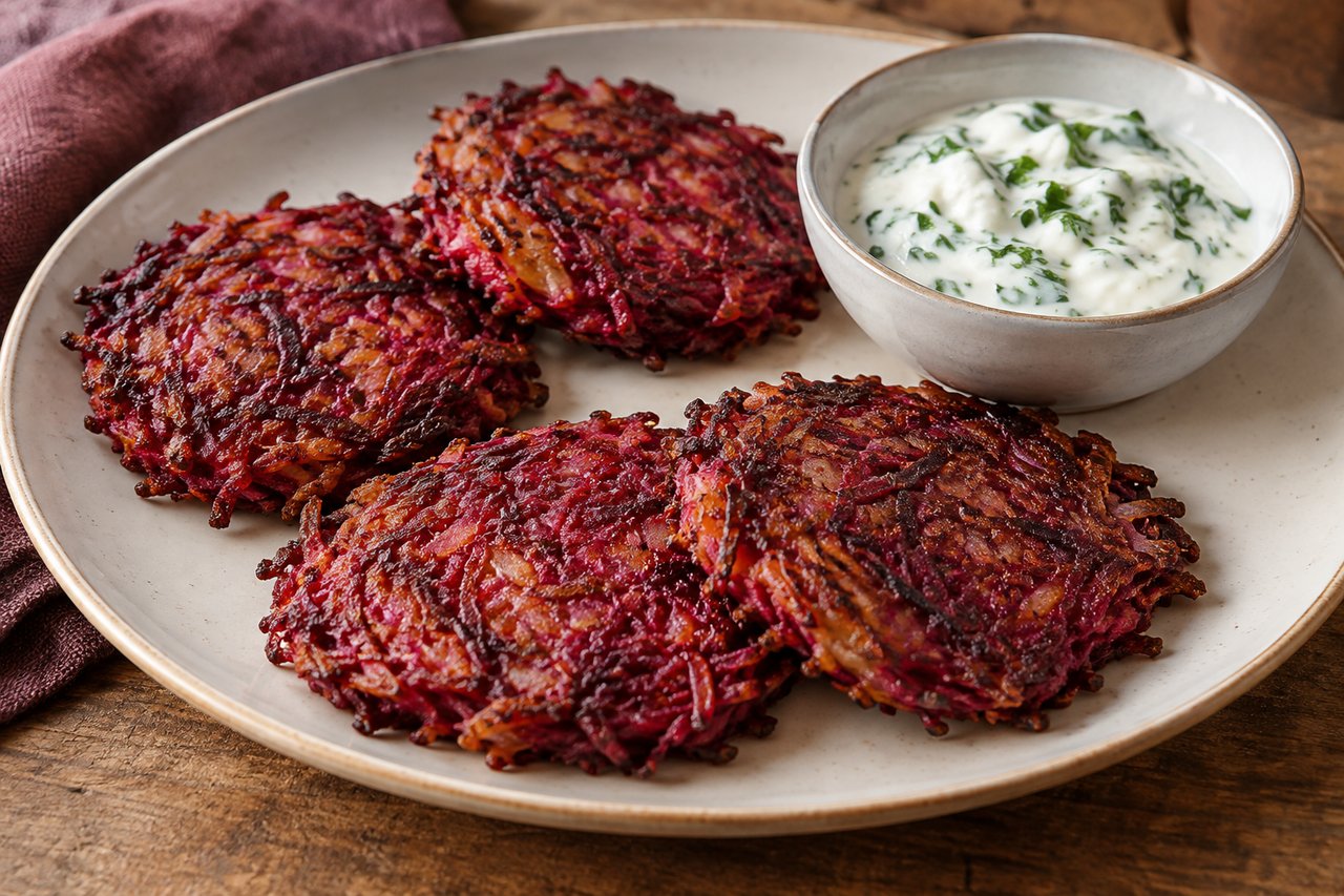 Flache rotviolette Rote-Bete-Kartoffel-Puffer mit gebräunten Rändern und einer Schale Petersilienjoghurt